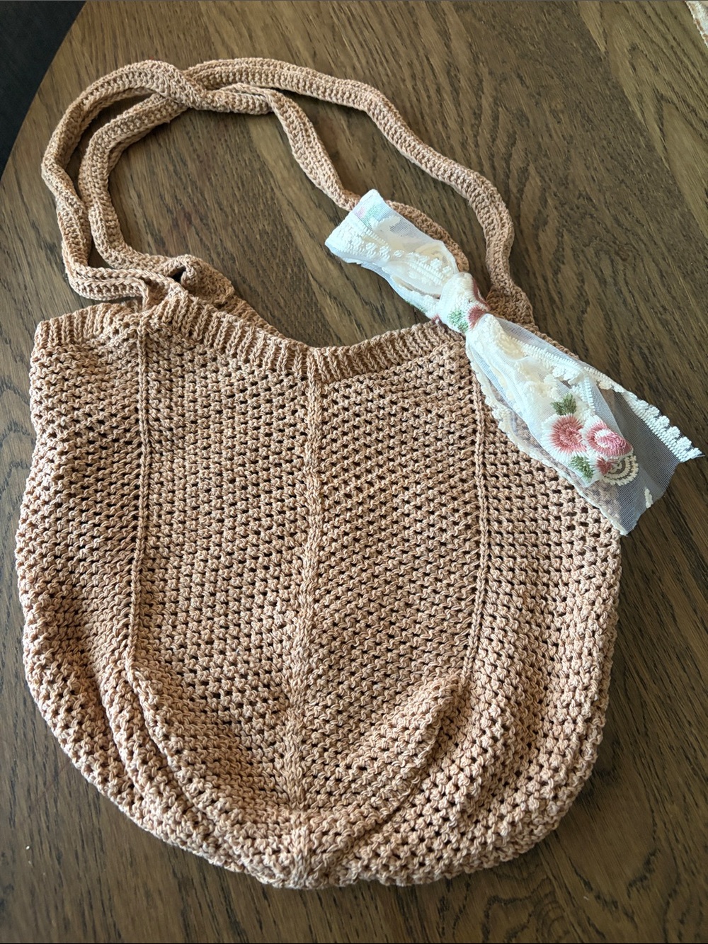 Woven Crochet Shoulder Bag in Light Tan with Floral Bow